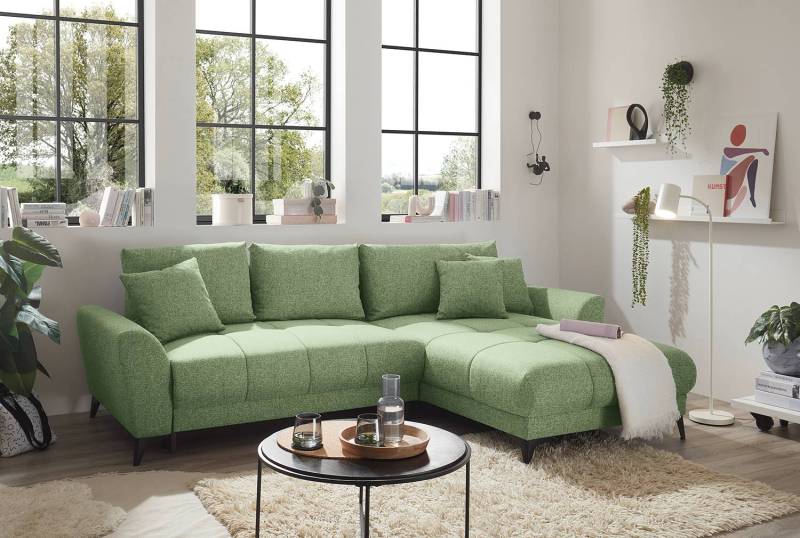 home24 Ecksofa Cragston Grün Flachgewebe Luara 281 x 91 x 189cm Longchair beidseitig montierbar mit Schlaffunktion von home24