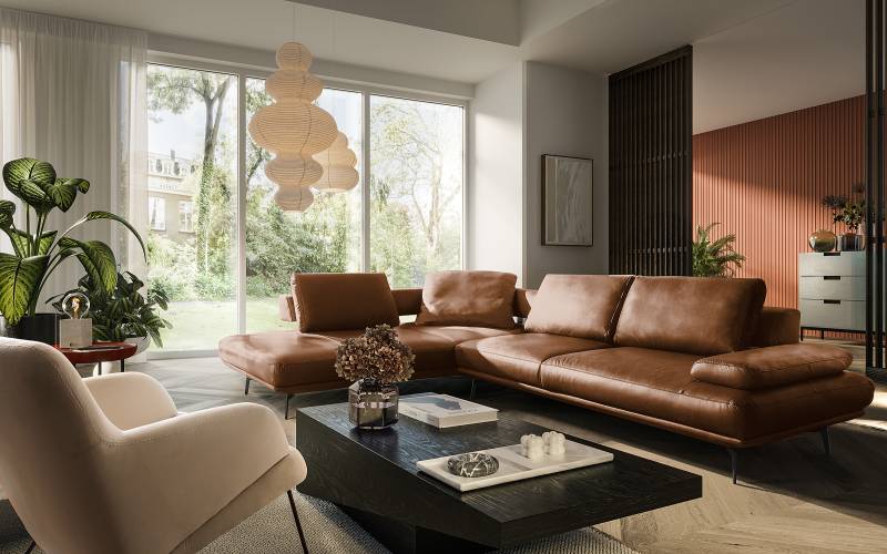 home24 Ecksofa DERMO mit Ottomane Braun Echtleder Nadra 306 x 84 x 237cm Ottomane davorstehend links Armlehne verstellbar Modern von home24
