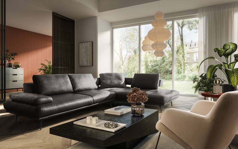 home24 Ecksofa DERMO mit Ottomane Grau Echtleder Nadra 306 x 84 x 237cm Ottomane davorstehend rechts Armlehne verstellbar Modern von home24