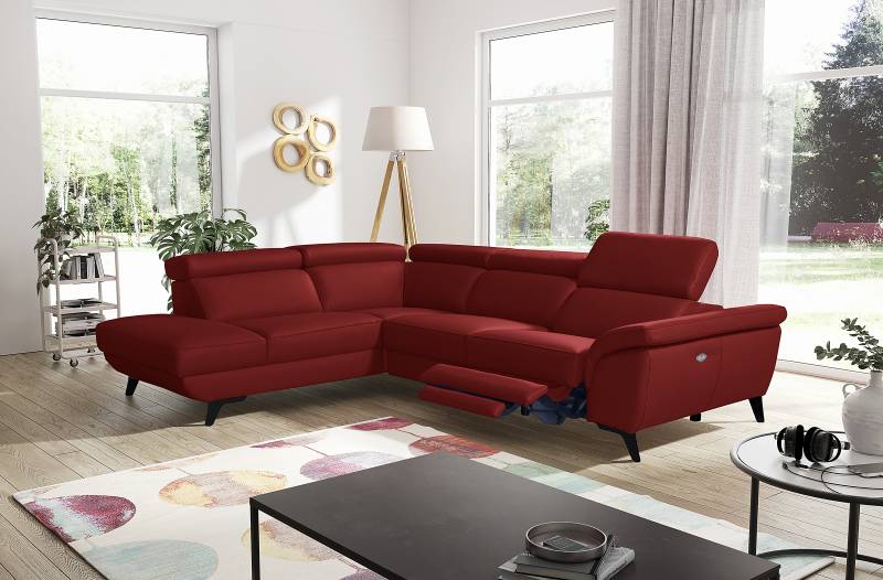 home24 Ecksofa Diaolun mit Ottomane Rot Echtleder Domna 283 x 74 x 228cm Ottomane davorstehend links Schwarz Elektrisch verstellbar: 1 Motor mit Kabel von home24