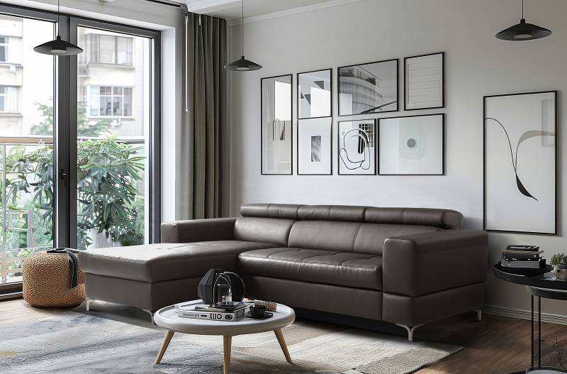 home24 Ecksofa Elaman mit Longchair Braun Echtleder Mabel / Kunstleder Manda 247 x 75 x 173cm Longchair davorstehend links Modern von home24