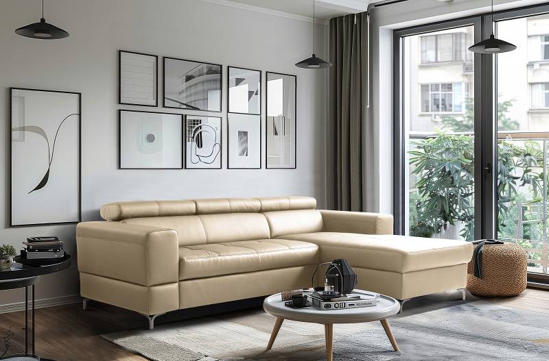 home24 Ecksofa Elaman mit Longchair Grau Echtleder Mabel / Kunstleder Manda 247 x 75 x 173cm Longchair davorstehend rechts Modern von home24