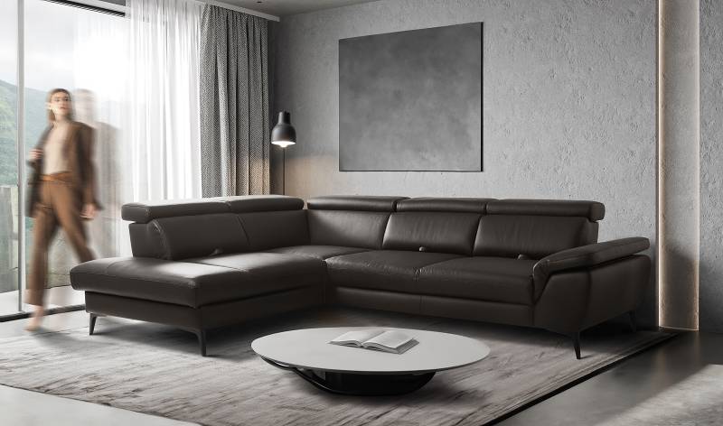 home24 Ecksofa Gables mit Ottomane Braun Mischgewebe Manda 274 x 80 x 220cm Ottomane davorstehend links mit Schlaffunktion Modern von home24