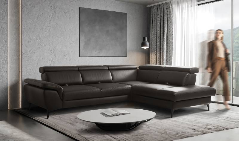 home24 Ecksofa Gables mit Ottomane Braun Echtleder Mabel / Kunstleder Manda 274 x 80 x 220cm Ottomane davorstehend rechts ohne Schlaffunktion Modern von home24