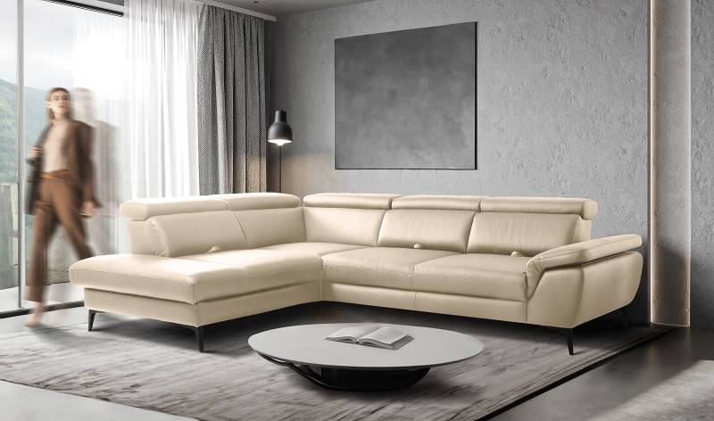 home24 Ecksofa Gables mit Ottomane Grau Echtleder Mabel 274 x 80 x 220cm Ottomane davorstehend links mit Schlaffunktion Modern von home24