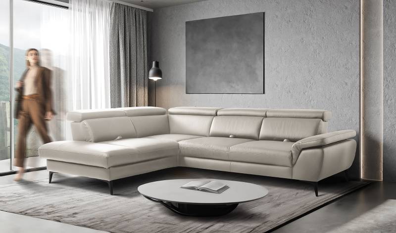 home24 Ecksofa Gables mit Ottomane Grau Echtleder Mabel 274 x 80 x 220cm Ottomane davorstehend links mit Schlaffunktion Modern von home24