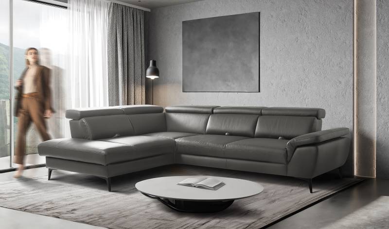 home24 Ecksofa Gables mit Ottomane Grau Echtleder Mabel / Kunstleder Manda 274 x 80 x 220cm Ottomane davorstehend links mit Schlaffunktion Modern von home24