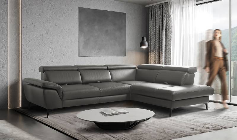 home24 Ecksofa Gables mit Ottomane Grau Echtleder Mabel / Kunstleder Manda 274 x 80 x 220cm Ottomane davorstehend rechts ohne Schlaffunktion Modern von home24