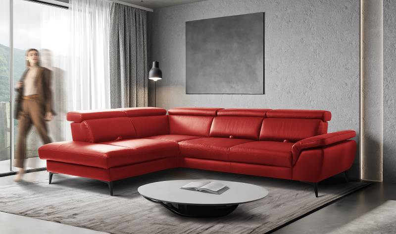 home24 Ecksofa Gables mit Ottomane Rot Echtleder Mabel / Kunstleder Manda 274 x 80 x 220cm Ottomane davorstehend links mit Schlaffunktion Modern von home24
