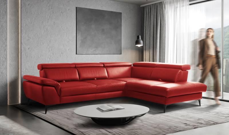 home24 Ecksofa Gables mit Ottomane Rot Echtleder Mabel / Kunstleder Manda 274 x 80 x 220cm Ottomane davorstehend rechts mit Schlaffunktion Modern von home24
