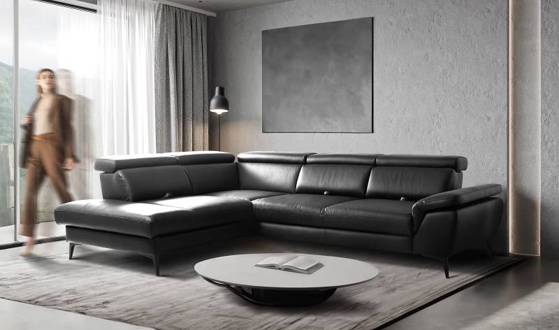 home24 Ecksofa Gables mit Ottomane Schwarz Echtleder Mabel / Kunstleder Manda 274 x 80 x 220cm Ottomane davorstehend links mit Schlaffunktion Modern von home24