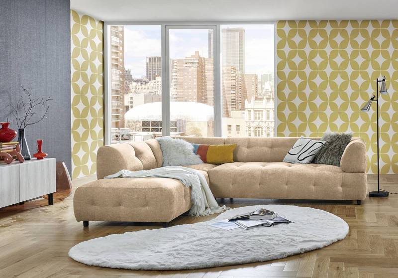home24 Ecksofa Ginzo mit Ottomane Beige Webstoff Stormy 267 x 73 x 203cm Ottomane davorstehend links Modern von home24
