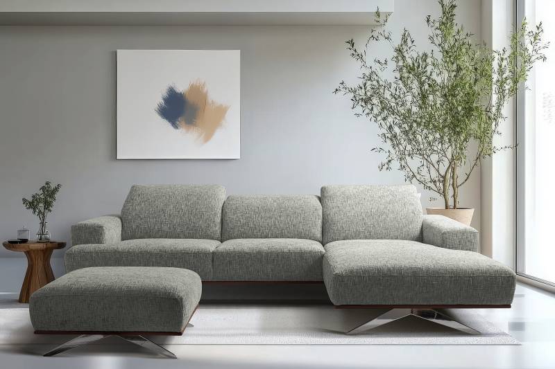 home24 Ecksofa Iglesia Grau Strukturstoff Trinu Ø 109cm Longchair davorstehend rechts Gestell:Buche Dunkel Chrom glänzend Modern von home24
