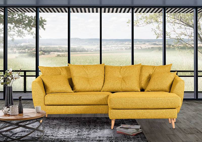 home24 Ecksofa Jupe Gelb Microfaser Reana 210 x 70 x 156cm Ottomane beidseitig montierbar von home24