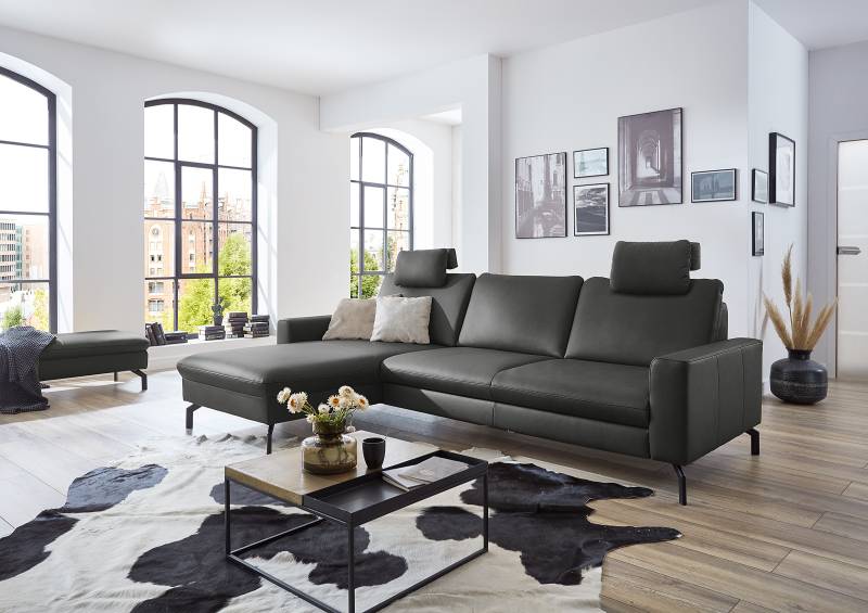 home24 Ecksofa Kalahan mit Ottomane Grau Echtleder Tomma 274 x 89 x 179cm Ottomane davorstehend links mit Schlaffunktion von home24