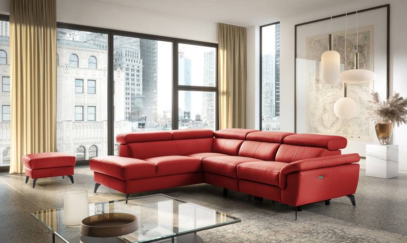 home24 Ecksofa Leneva mit Ottomane Rot Mischgewebe Manda 265 x 73 x 210cm Ottomane davorstehend links Schwarz Modern von home24