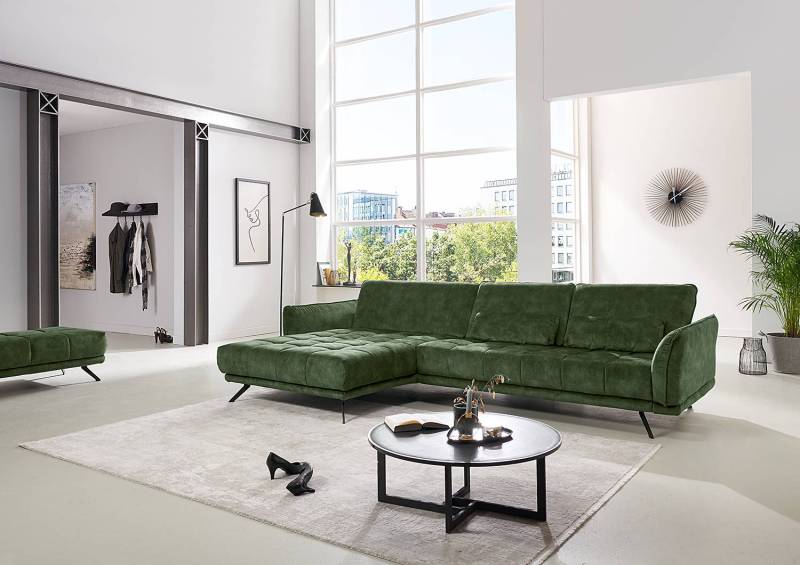 home24 Ecksofa Lethernt mit Longchair Grün Samt Amata 285 x 84 x 178cm Longchair davorstehend links Modern von home24