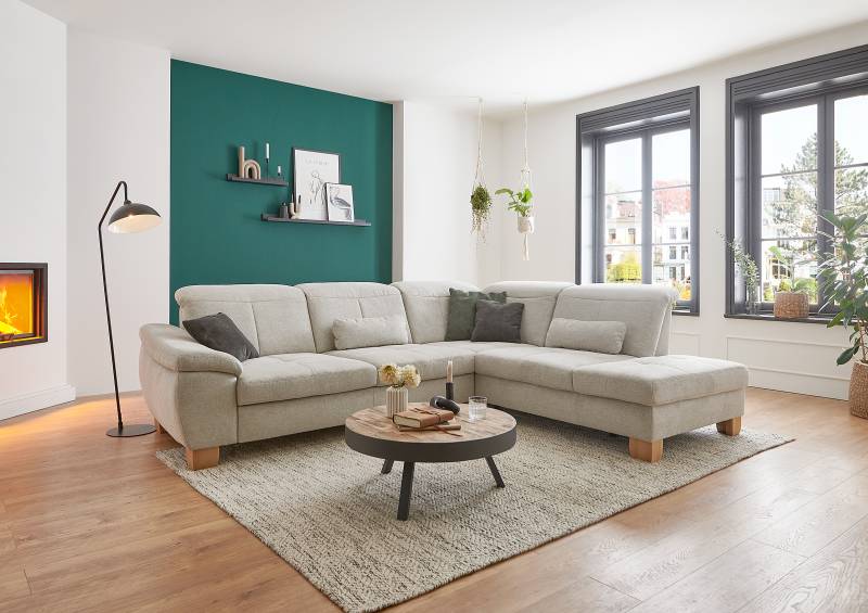 home24 Ecksofa Malkash mit Ottomane Beige Strukturstoff Cylia 301 x 88 x 243cm Ottomane davorstehend rechts mit Schlaffunktion Modern von home24