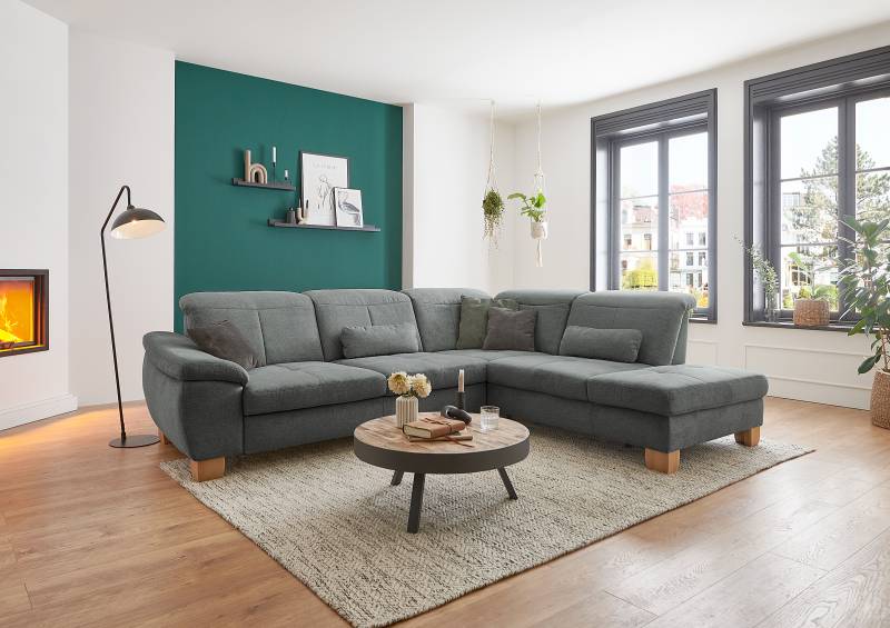 home24 Ecksofa Malkash mit Ottomane Grau Strukturstoff Cylia 301 x 88 x 243cm Ottomane davorstehend rechts mit Schlaffunktion Modern von home24