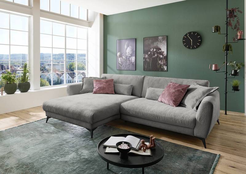 home24 Ecksofa Morranos Grau Chenille Rubia 288 x 81 x 194cm Longchair davorstehend links 4 Kissen Modern von home24