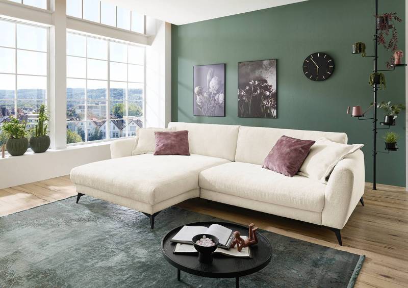 home24 Ecksofa Morranos Weiß/Beige Chenille Rubia 288 x 81 x 194cm Longchair davorstehend links 2 Kissen Modern von home24