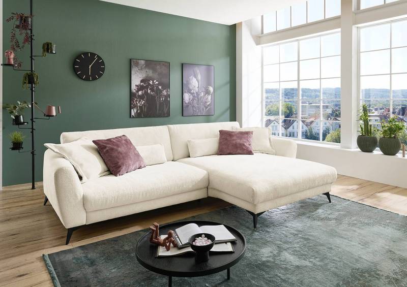 home24 Ecksofa Morranos Weiß/Beige Chenille Rubia 288 x 81 x 194cm Longchair davorstehend rechts 4 Kissen Modern von home24