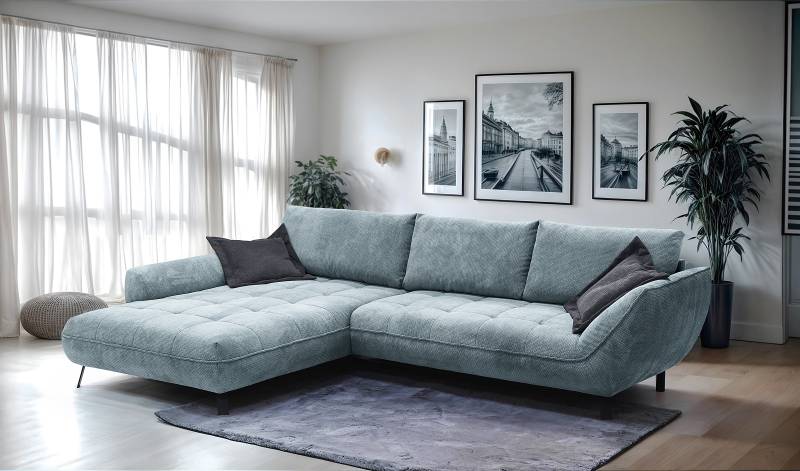 home24 Ecksofa Nanpu mit Longchair Blau Strukturstoff Dunia 324 x 92 x 203cm Ecke davorstehend links Modern von home24