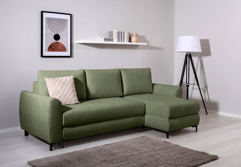 home24 Ecksofa Nauri mit Schlaffunktion Grün Strukturstoff Cosma 236 x 92 x 148cm Longchair beidseitig montierbar mit Schlaffunktion Modern von home24