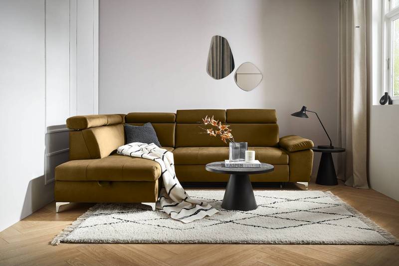 home24 Ecksofa Parley mit Schlaffunktion Gelb Samt Onoli 271 x 89 x 206cm Ottomane davorstehend links mit Schlaffunktion von home24