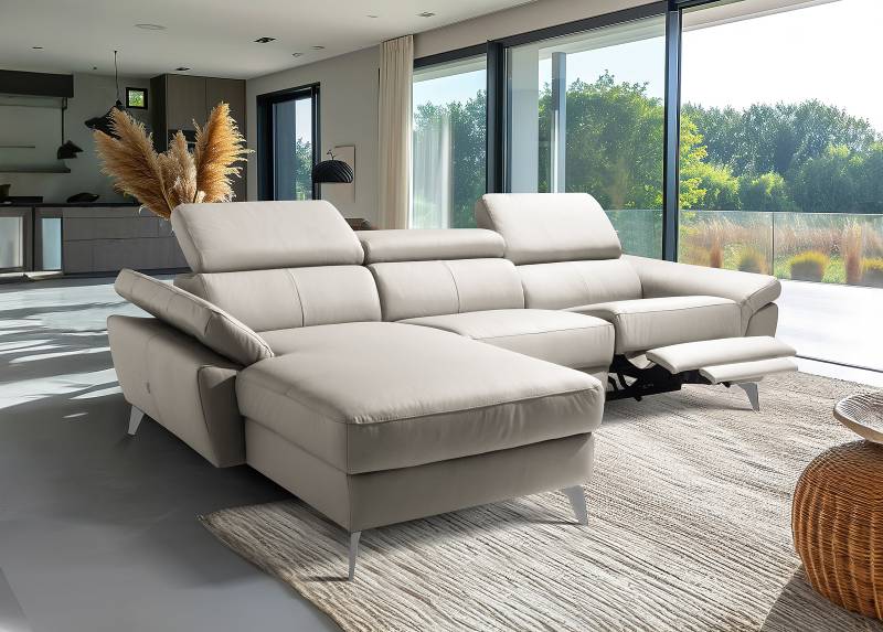 home24 Ecksofa Talarik mit Longchair Grau Echtleder Mabel / Kunstleder Manda 252 x 73 x 179cm Longchair davorstehend links ohne Schlaffunktion von home24