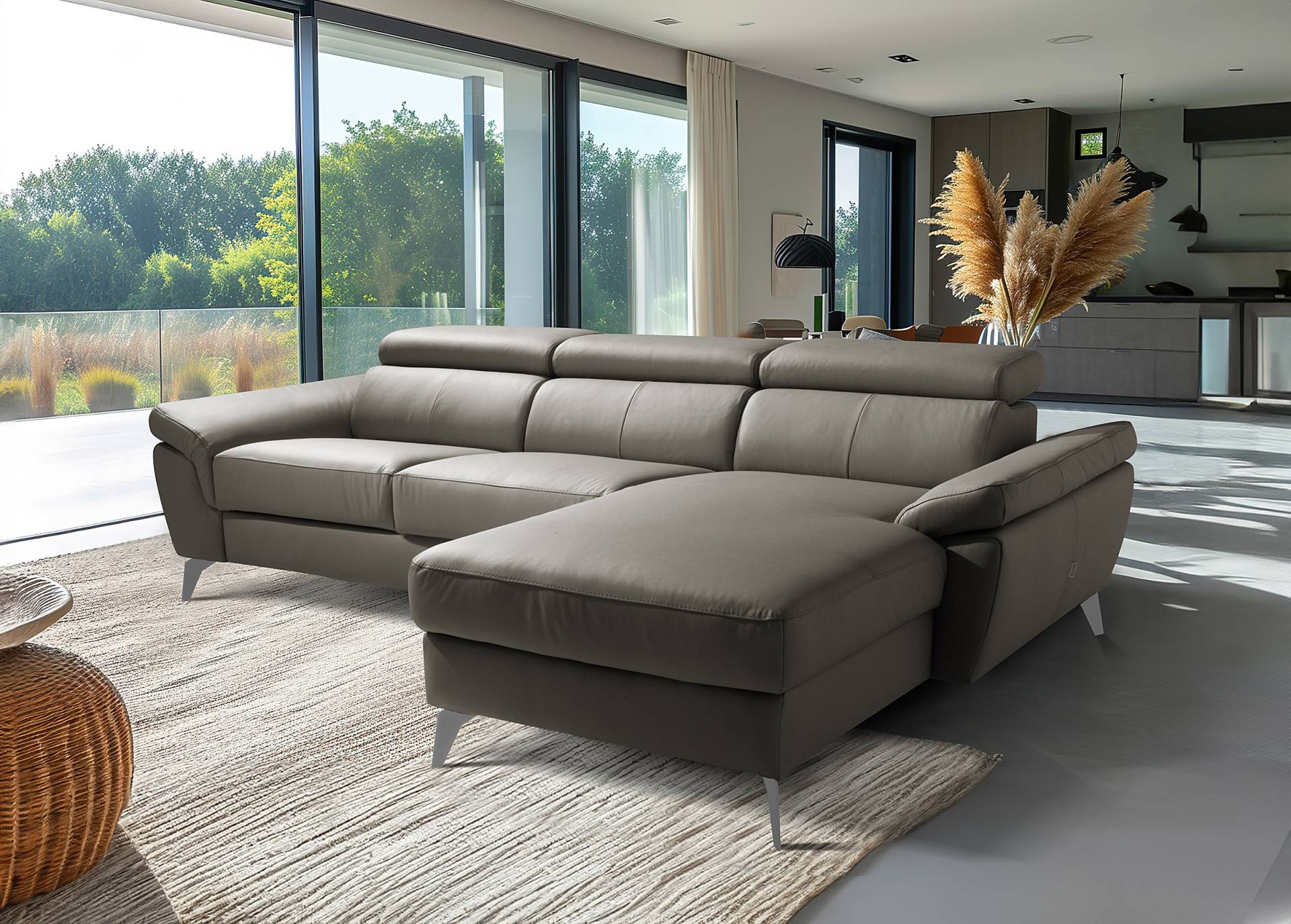 home24 Ecksofa Talarik mit Longchair Grau Echtleder Mabel / Kunstleder Manda 252 x 73 x 179cm Longchair davorstehend rechts mit Schlaffunktion home24 Ecksofa Talarik mit Longchair Grau Echtleder Mabel / Kunstleder Manda 252 x 73 x 179cm Longchair davorstehend rechts mit Schlaffunktion von home24