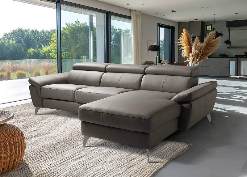 home24 Ecksofa Talarik mit Longchair Grau Echtleder Mabel / Kunstleder Manda 252 x 73 x 179cm Longchair davorstehend rechts mit Schlaffunktion von home24