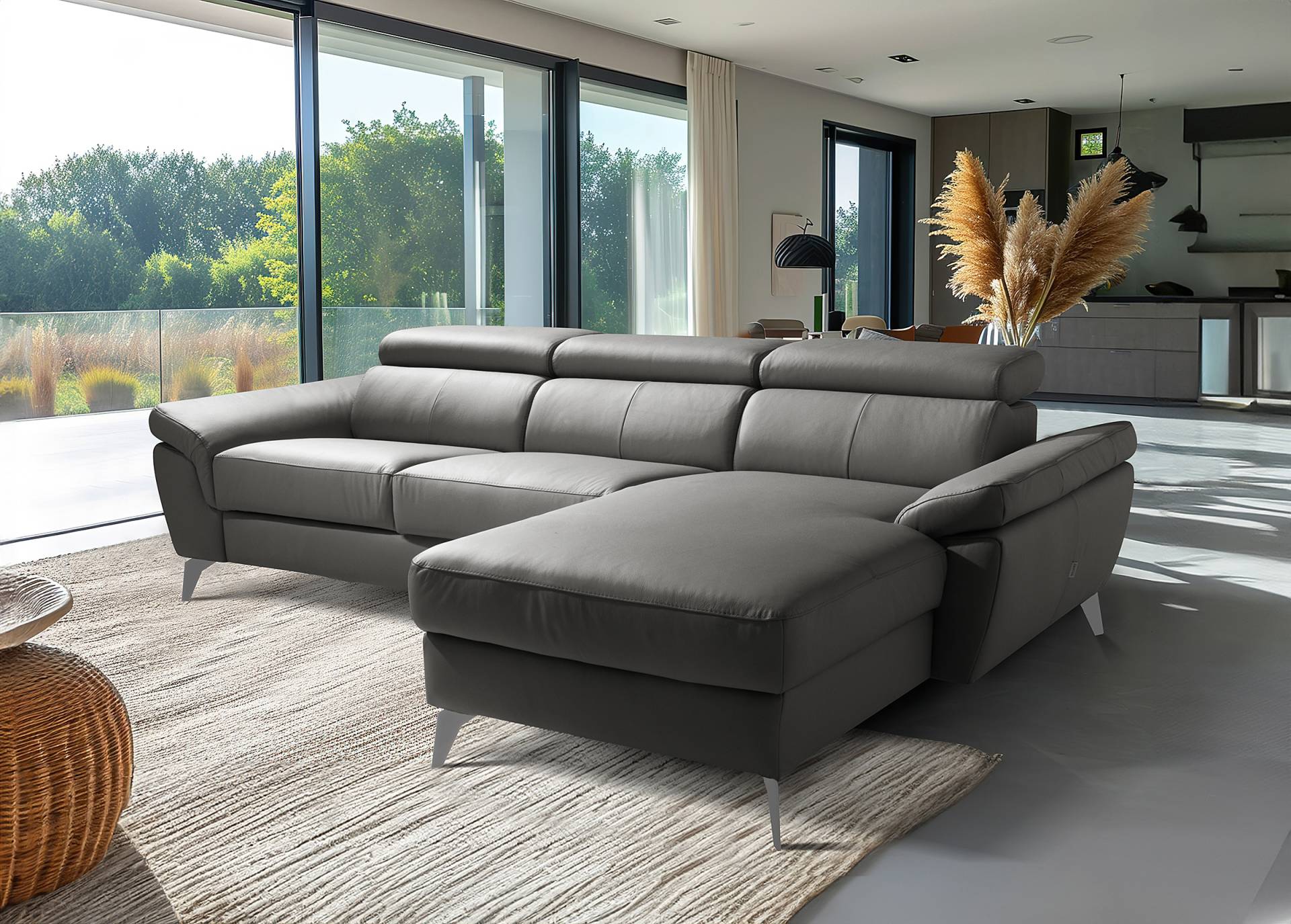 home24 Ecksofa Talarik mit Longchair Grau Echtleder Mabel / Kunstleder Manda 252 x 73 x 179cm Longchair davorstehend rechts mit Schlaffunktion home24 Ecksofa Talarik mit Longchair Grau Echtleder Mabel / Kunstleder Manda 252 x 73 x 179cm Longchair davorstehend rechts mit Schlaffunktion von home24
