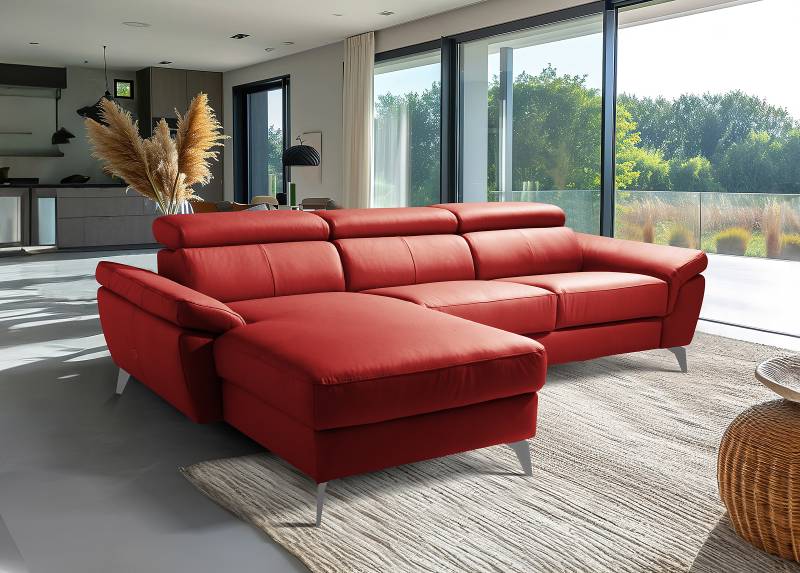 home24 Ecksofa Talarik mit Longchair Rot Echtleder Mabel / Kunstleder Manda 252 x 73 x 179cm Longchair davorstehend links mit Schlaffunktion von home24