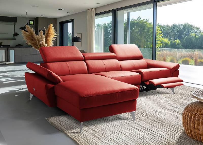 home24 Ecksofa Talarik mit Longchair Rot Echtleder Mabel / Kunstleder Manda 252 x 73 x 179cm Longchair davorstehend links ohne Schlaffunktion von home24