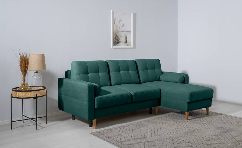 home24 Ecksofa Vasai mit Schlaffunktion Blau/Grün Microfibra Enza 223 x 92 x 157cm Longchair beidseitig montierbar mit Schlaffunktion Modern von home24