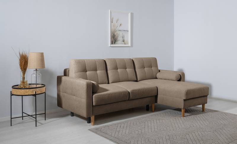 home24 Ecksofa Vasai mit Schlaffunktion Typ B Braun Microfaser Enza 223 x 92 x 157cm Longchair beidseitig montierbar mit Schlaffunktion Modern von home24