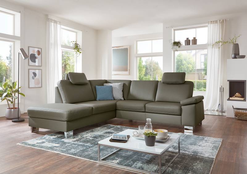 home24 Ecksofa Vaveloa mit Longchair Grün Echtleder Tomma 248 x 90 x 235cm Longchair davorstehend links mit Schlaffunktion Kopfstütze von home24