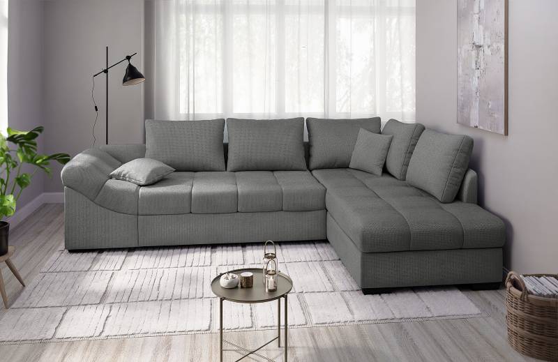 home24 Ecksofa Wanaa mit Schlaffunktion Grau Webstoff Venka 298 x 84 x 202cm Ottomane davorstehend rechts mit Schlaffunktion Modern von home24