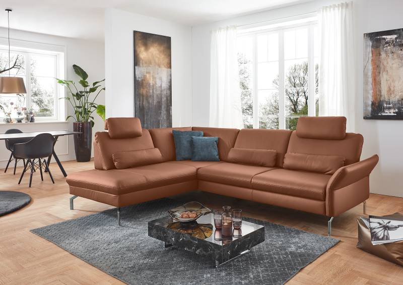 home24 Ecksofa Wilcolo mit Ottomane Braun Echtleder Tomma 279 x 89 x 220cm Ottomane davorstehend links mit Schlaffunktion Armlehne & Kopfstütze von home24