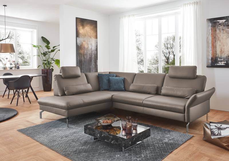home24 Ecksofa Wilcolo mit Ottomane Braun Echtleder Tomma 279 x 89 x 220cm Ottomane davorstehend links mit Schlaffunktion Armlehne & Kopfstütze von home24