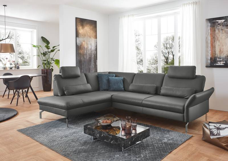 home24 Ecksofa Wilcolo mit Ottomane Grau Echtleder Tomma 279 x 89 x 220cm Ottomane davorstehend links mit Schlaffunktion Armlehne & Kopfstütze von home24