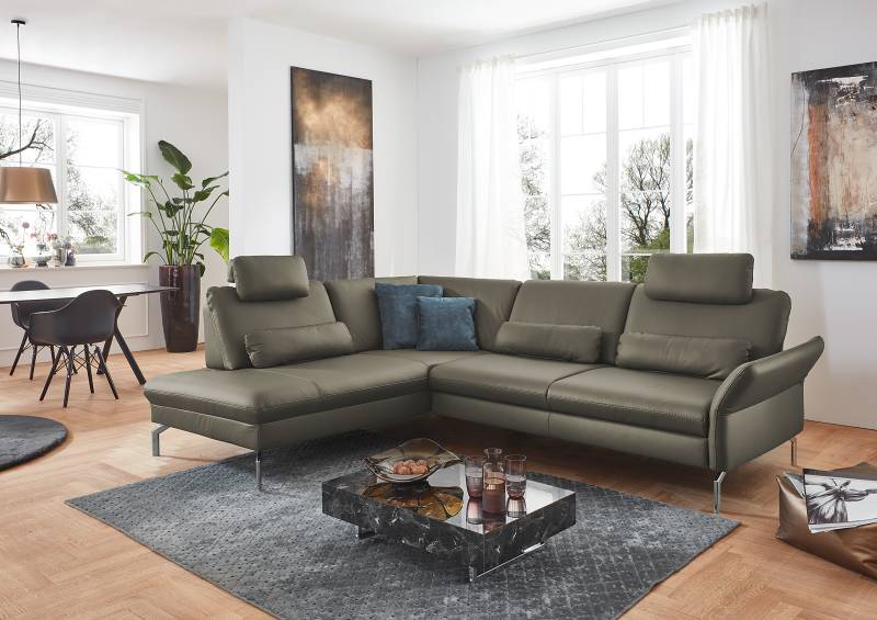home24 Ecksofa Wilcolo mit Ottomane Grün Echtleder Tomma 279 x 89 x 220cm Ottomane davorstehend links mit Schlaffunktion Armlehne & Kopfstütze von home24