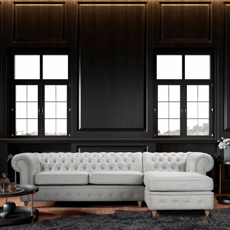 home24 Ecksofa mit Ottomane Grau Microfaser Valeria 284 x 74 x 182cm Schlaffunktion davorstehend links Schlaffunktion für dauerhafte Nutzung Glamour von home24