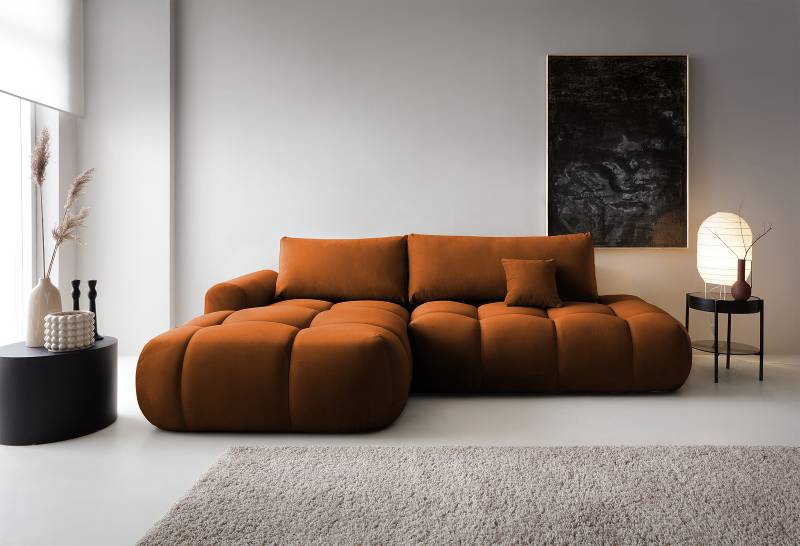 home24 Ecksofa mit Schlaffunktion Braun/Orange Samt Sadia 284 x 90 x 167cm Longchair davorstehend links mit Schlaffunktion Modern home24 Ecksofa mit Schlaffunktion Braun/Orange Samt Sadia 284 x 90 x 167cm Longchair davorstehend links mit Schlaffunktion Modern von home24