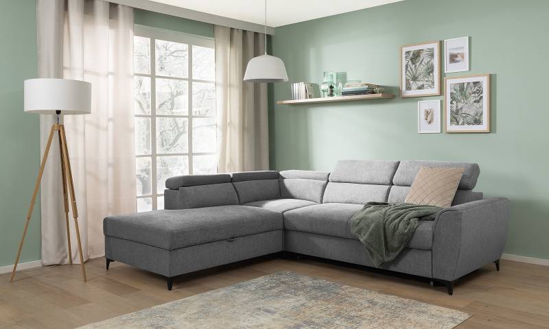 home24 Ecksofa mit Schlaffunktion Grau Strukturstoff Asali 255 x 76 x 217cm Schlaffunktion davorstehend rechts mit Schlaffunktion Modern von home24