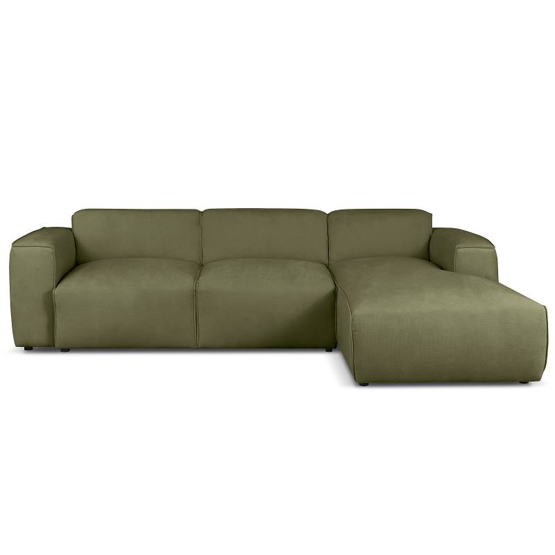 home24 Ecksofa mit Schlaffunktion Grün Chenille Holda 285 x 78 x 182cm Longchair davorstehend rechts Modern von home24