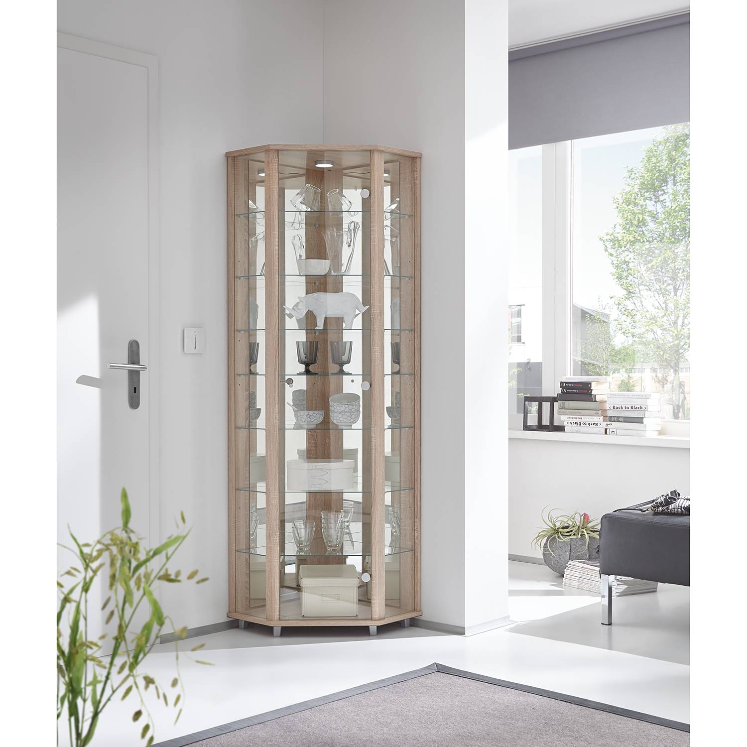 home24 Eckvitrine II 71 x 172 x 52cm Braun/Beige/Eiche Sonoma Dekor von home24