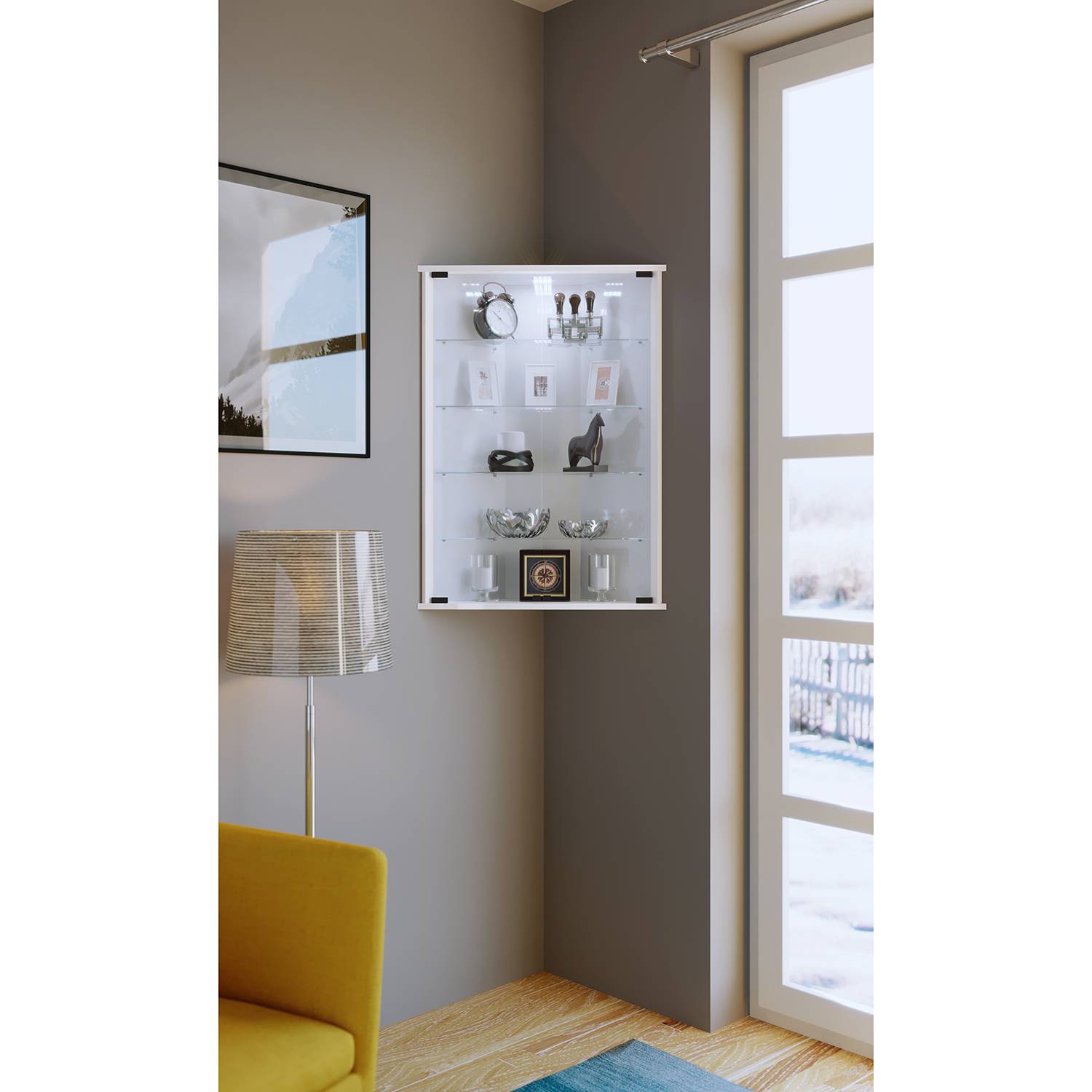 home24 Eckvitrine Vecko 68 x 88 x 23cm Weiß/Weiß von home24