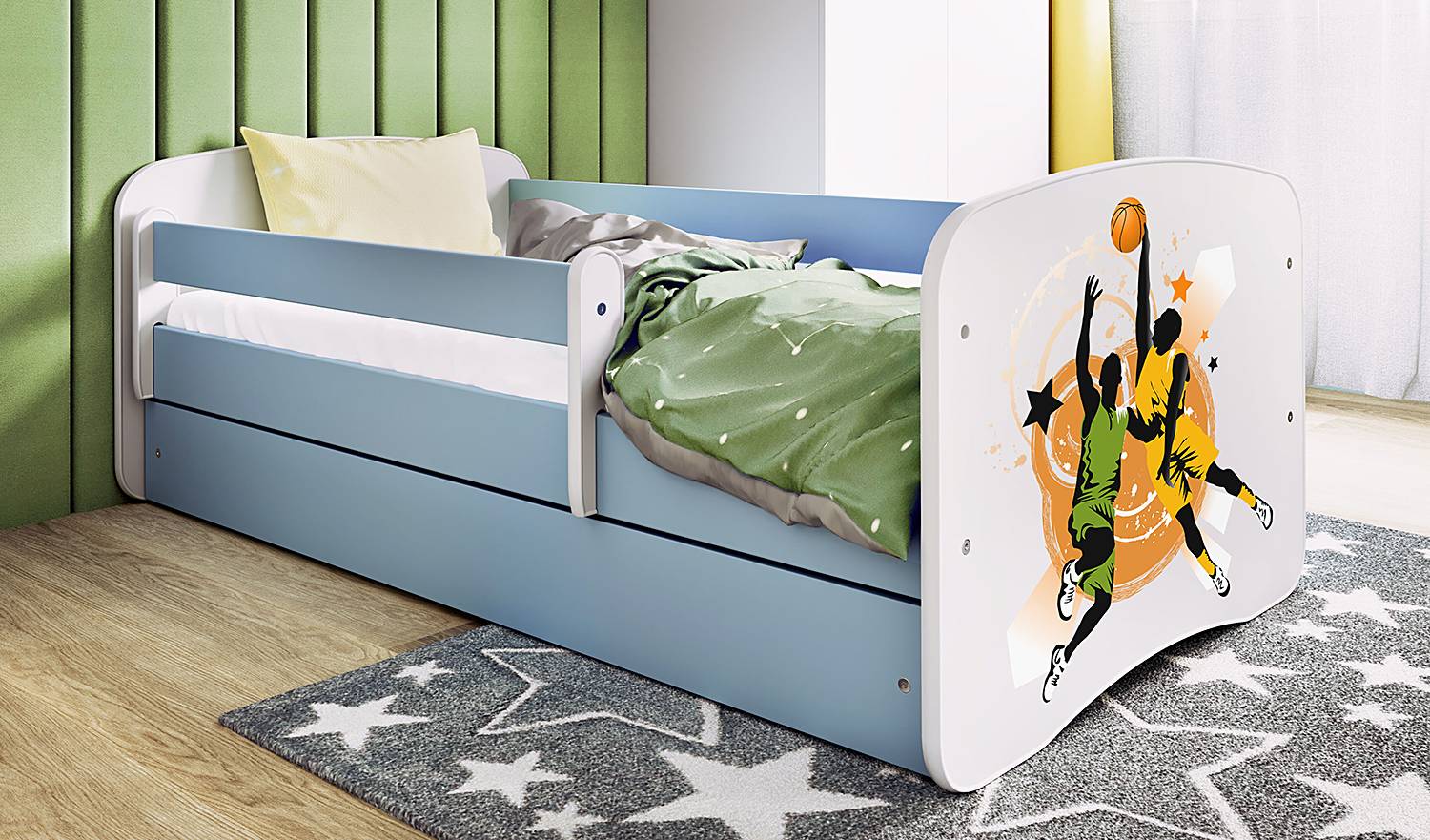 home24 Einzelbett Buyo - Basketball 80 x 180 cm mit Lattenrost & Matratze Blau/Hellblau von home24
